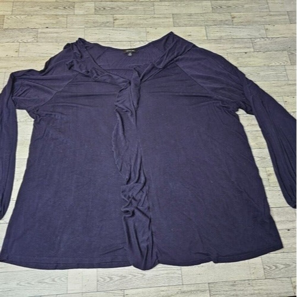 Verve Ami Navy Blue V-Neck Ruffle Front LS Blouse, Size 2X